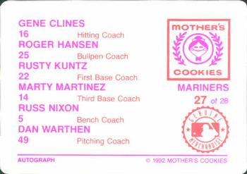 1992 Mother's Cookies Seattle Mariners #27 Coaches (Dan Warthen / Russ Nixon / Rusty Kuntz / Marty Martinez / Gene Clines / Roger Hansen) Back