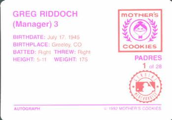 1992 Mother's Cookies San Diego Padres #1 Greg Riddoch Back