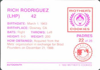 1992 Mother's Cookies San Diego Padres #22 Rich Rodriguez Back