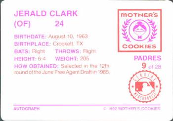1992 Mother's Cookies San Diego Padres #9 Jerald Clark Back