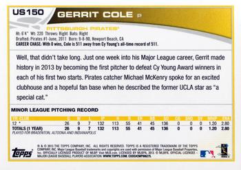 2013 Topps Update - Red #US150 Gerrit Cole Back
