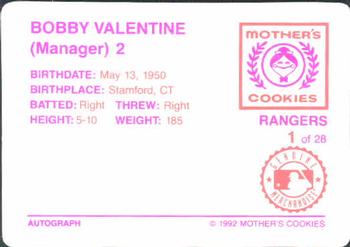 1992 Mother's Cookies Texas Rangers #1 Bobby Valentine Back