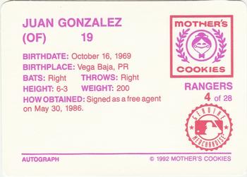 1992 Mother's Cookies Texas Rangers #4 Juan Gonzalez Back