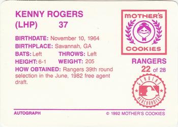 1992 Mother's Cookies Texas Rangers #22 Kenny Rogers Back