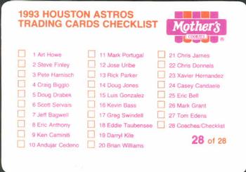 1993 Mother's Cookies Houston Astros #28 Coaches & Checklist (Ed Ott / Bob Cluck / Matt Galante / Rudy Jaramillo / Tom Spencer / Billy Joe Bowman) Back