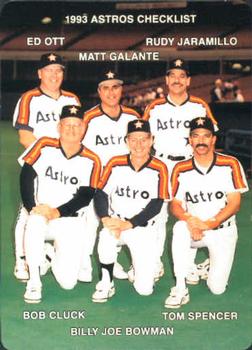 1993 Mother's Cookies Houston Astros #28 Coaches & Checklist (Ed Ott / Bob Cluck / Matt Galante / Rudy Jaramillo / Tom Spencer / Billy Joe Bowman) Front