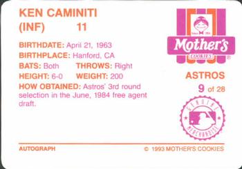 1993 Mother's Cookies Houston Astros #9 Ken Caminiti Back