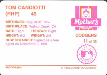 1993 Mother's Cookies Los Angeles Dodgers #11 Tom Candiotti Back