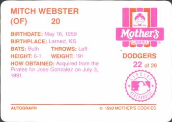 1993 Mother's Cookies Los Angeles Dodgers #22 Mitch Webster Back
