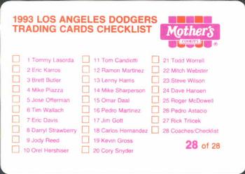 1993 Mother's Cookies Los Angeles Dodgers #28 Coaches & Checklist (Ben Hines / Manny Mota / Ron Perranoski / Ron Roenicke / Joe Ferguson / Mark Cresse / Joe Amalfitano) Back
