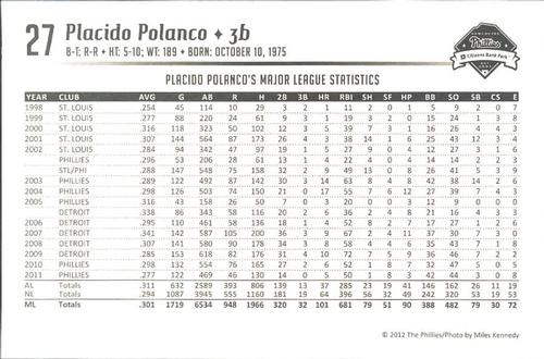 2012 Philadelphia Phillies Photocards 1st Edition #NNO Placido Polanco Back