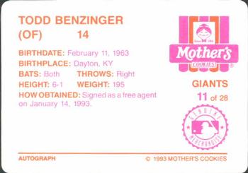 1993 Mother's Cookies San Francisco Giants #11 Todd Benzinger Back
