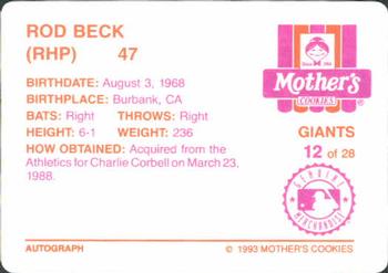 1993 Mother's Cookies San Francisco Giants #12 Rod Beck Back