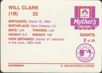 1993 Mother's Cookies San Francisco Giants #2 Will Clark Back