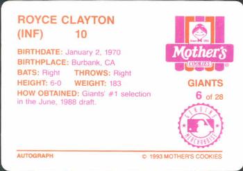 1993 Mother's Cookies San Francisco Giants #6 Royce Clayton Back
