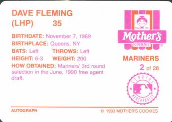 1993 Mother's Cookies Seattle Mariners #2 Dave Fleming Back