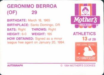 1994 Mother's Cookies Oakland Athletics #13 Geronimo Berroa Back