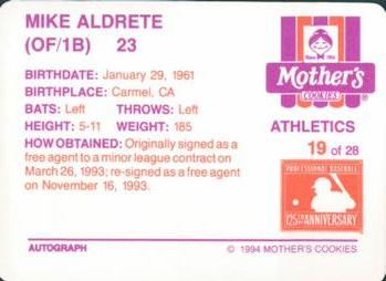 1994 Mother's Cookies Oakland Athletics #19 Mike Aldrete Back