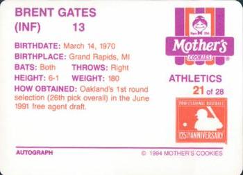 1994 Mother's Cookies Oakland Athletics #21 Brent Gates Back