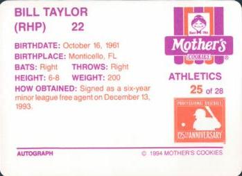 1994 Mother's Cookies Oakland Athletics #25 Bill Taylor Back