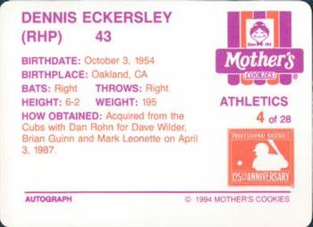 1994 Mother's Cookies Oakland Athletics #4 Dennis Eckersley Back