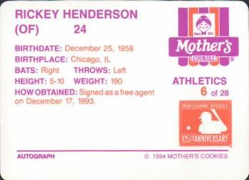 1994 Mother's Cookies Oakland Athletics #6 Rickey Henderson Back