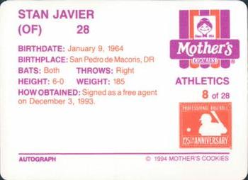 1994 Mother's Cookies Oakland Athletics #8 Stan Javier Back