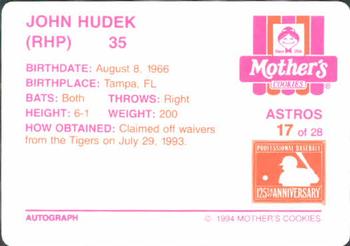 1994 Mother's Cookies Houston Astros #17 John Hudek Back