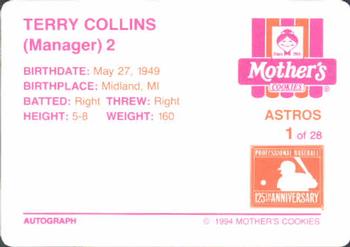 1994 Mother's Cookies Houston Astros #1 Terry Collins Back
