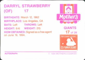 1994 Mother's Cookies San Francisco Giants #17 Darryl Strawberry Back