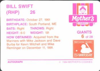 1994 Mother's Cookies San Francisco Giants #6 Bill Swift Back