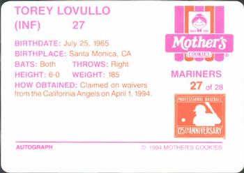 1994 Mother's Cookies Seattle Mariners #27 Torey Lovullo Back