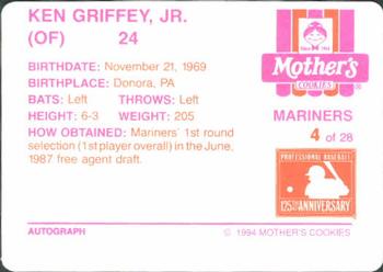 1994 Mother's Cookies Seattle Mariners #4 Ken Griffey Jr. Back