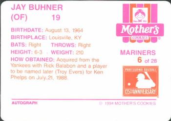 1994 Mother's Cookies Seattle Mariners #6 Jay Buhner Back