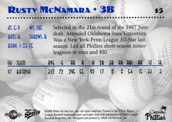 1998 Multi-Ad Clearwater Phillies #15 Rusty McNamara Back