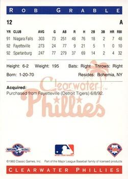 1993 Classic Best Clearwater Phillies #12 Rob Grable Back