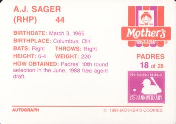 1994 Mother's Cookies San Diego Padres #18 A.J. Sager Back