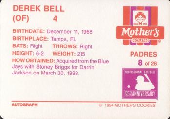 1994 Mother's Cookies San Diego Padres #8 Derek Bell Back