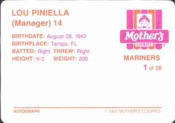 1995 Mother's Cookies Seattle Mariners #1 Lou Piniella Back