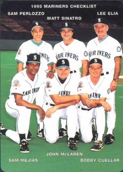 1995 Mother's Cookies Seattle Mariners #28 Coaches & Checklist (Sam Perlozzo / Matt Sinatro / Lee Elia / Sam Mejias / John McLaren / Bobby Cuellar) Front