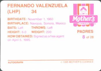 1995 Mother's Cookies San Diego Padres #8 Fernando Valenzuela Back