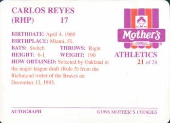 1996 Mother's Cookies Oakland Athletics #21 Carlos Reyes Back