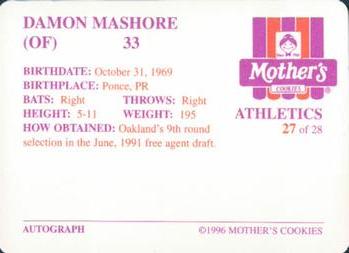 1996 Mother's Cookies Oakland Athletics #27 Damon Mashore Back