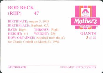 1996 Mother's Cookies San Francisco Giants #3 Rod Beck Back