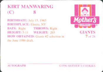 1996 Mother's Cookies San Francisco Giants #7 Kirt Manwaring Back