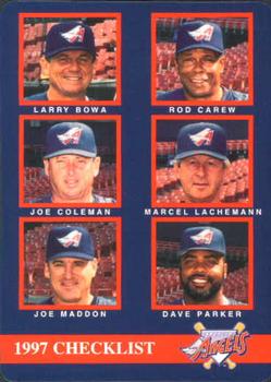 1997 Mother's Cookies Anaheim Angels #28 Coaches & Checklist (Larry Bowa / Rod Carew / Joe Coleman / Marcel Lachemann / Joe Maddon / Dave Parker) Front