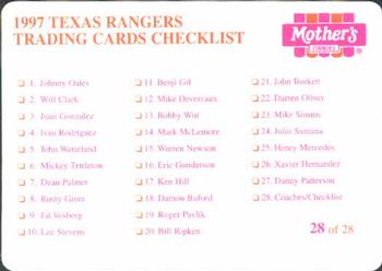 1997 Mother's Cookies Texas Rangers #28 Coaches & Checklist (Dick Bosman / Bucky Dent / Larry Hardy / Rudy Jaramillo / Ed Napoleon / Jerry Narron) Back