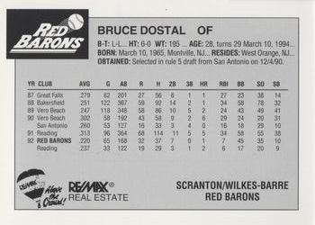1993 Scranton/Wilkes-Barre Red Barons #7 Bruce Dostal Back