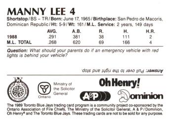 1989 Toronto Blue Jays Fire Safety #NNO Manny Lee Back