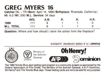1989 Toronto Blue Jays Fire Safety #NNO Greg Myers Back